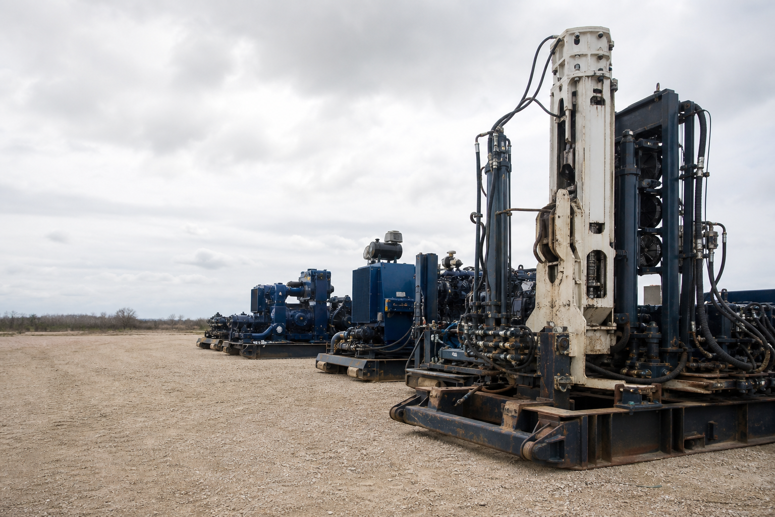 Oilfield equipment arranged in an inland Texas industrial yard